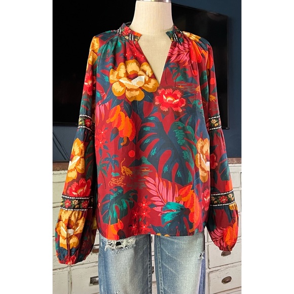 Anthropologie Farm Rio V-Neck Poplin Top XL - Picture 11 of 12